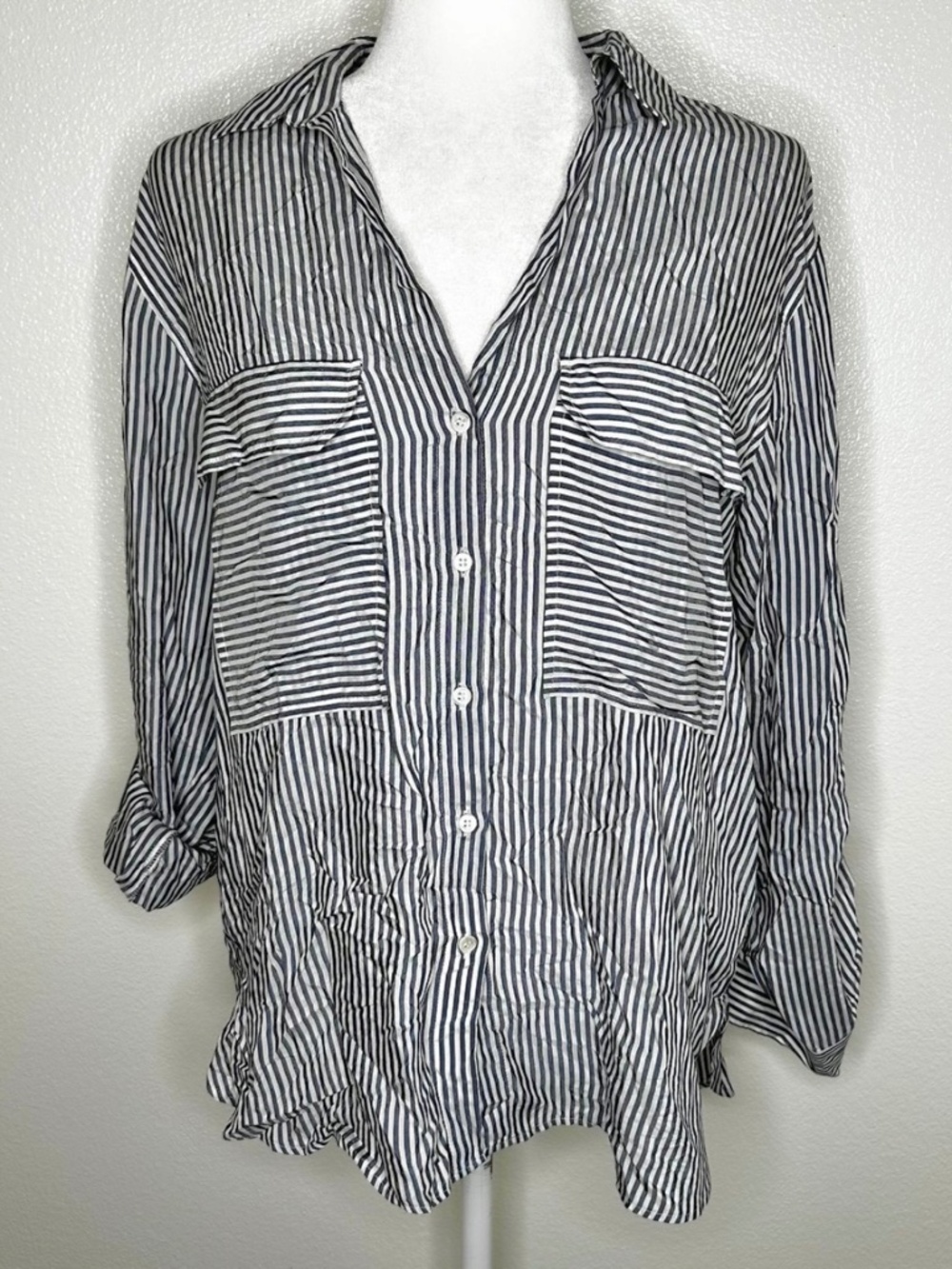 ZARA Womens Gray & White Striped Button-Up Long Sleeve Shirt Size M